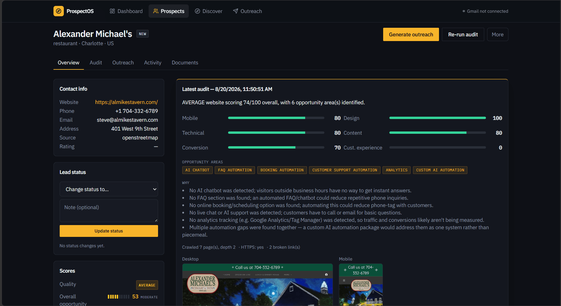 Prospectos website audit with scored evidence and responsive page captures