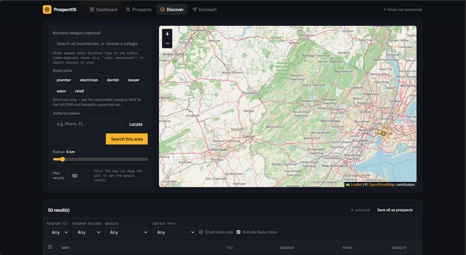 Prospectos local business discovery map and prospect results